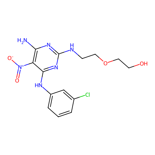 2-(2-((4-amino-6-((3-chlorophenyl)amino)-5-nitropyrimidin-2-yl)amino)ethoxy)ethanol structure