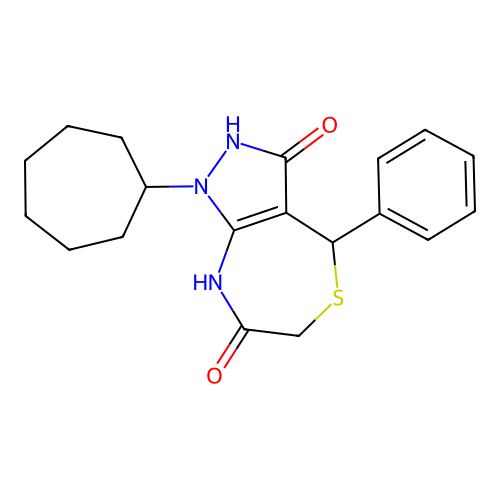 1-cycloheptyl-7-hydroxy-4-phenyl-1,2,4,6-tetrahydro-3H-pyrazolo[3,4-e][1,4]thiazepin-3-one structure