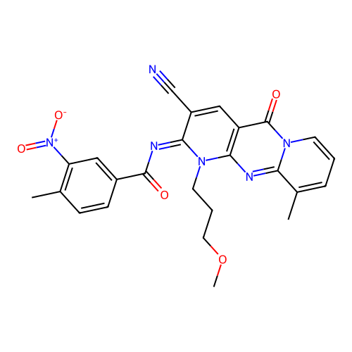 (E)-N-(3-cyano-1-(3-methoxypropyl)-10-methyl-5-oxo-1H-dipyrido[1,2-a:2',3'-d]pyrimidin-2(5H)-ylidene)-4-methyl-3-nitrobenzamide structure