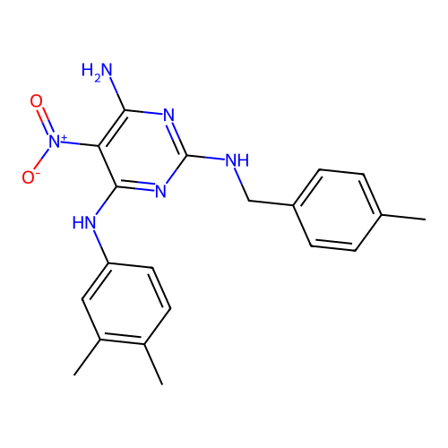 4-N-(3,4-dimethylphenyl)-2-N-[(4-methylphenyl)methyl]-5-nitropyrimidine-2,4,6-triamine structure