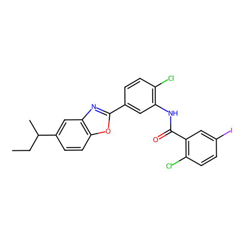 N-(5-(5-(sec-butyl)benzo[d]oxazol-2-yl)-2-chlorophenyl)-2-chloro-5-iodobenzamide structure