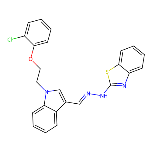 N-[(E)-[1-[2-(2-chlorophenoxy)ethyl]indol-3-yl]methylideneamino]-1,3-benzothiazol-2-amine structure