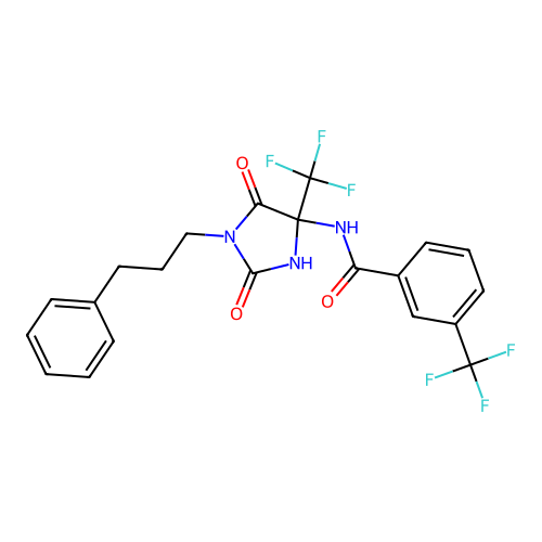 N-[2,5-dioxo-1-(3-phenylpropyl)-4-(trifluoromethyl)imidazolidin-4-yl]-3-(trifluoromethyl)benzamide structure
