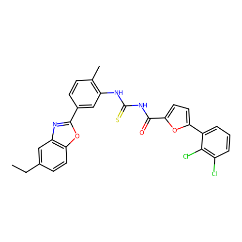 5-(2,3-dichlorophenyl)-N-((5-(5-ethylbenzo[d]oxazol-2-yl)-2-methylphenyl)carbamothioyl)furan-2-carboxamide structure