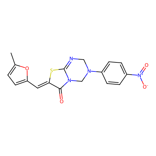 (Z)-7-((5-methylfuran-2-yl)methylene)-3-(4-nitrophenyl)-3,4-dihydro-2H-thiazolo[3,2-a][1,3,5]triazin-6(7H)-one structure