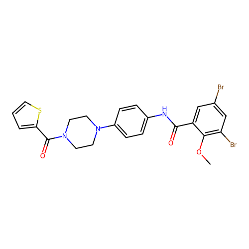 3,5-dibromo-2-methoxy-N-{4-[4-(thiophen-2-ylcarbonyl)piperazin-1-yl]phenyl}benzamide structure