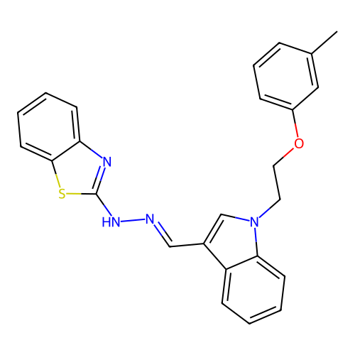 (E)-2-(2-((1-(2-(m-tolyloxy)ethyl)-1H-indol-3-yl)methylene)hydrazinyl)benzo[d]thiazole structure