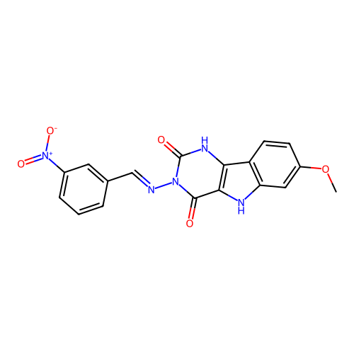 (E)-7-methoxy-3-((3-nitrobenzylidene)amino)-1H-pyrimido[5,4-b]indole-2,4(3H,5H)-dione structure