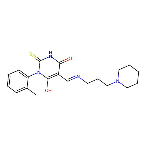 (5E)-1-(2-methylphenyl)-5-({[3-(piperidin-1-yl)propyl]amino}methylidene)-2-sulfanylpyrimidine-4,6(1H,5H)-dione structure