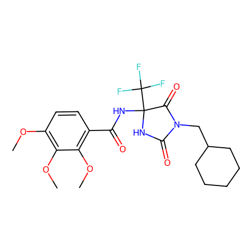N-(1-(cyclohexylmethyl)-2,5-dioxo-4-(trifluoromethyl)imidazolidin-4-yl)-2,3,4-trimethoxybenzamide structure