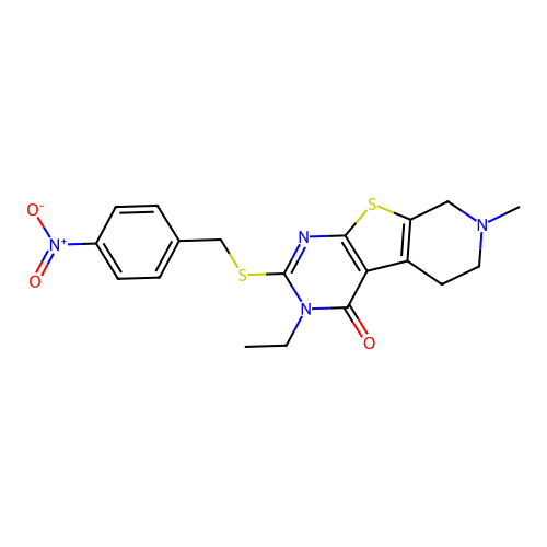 3-ethyl-7-methyl-2-((4-nitrobenzyl)thio)-5,6,7,8-tetrahydropyrido[4',3':4,5]thieno[2,3-d]pyrimidin-4(3H)-one structure