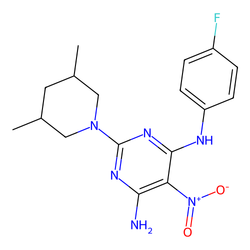 2-(3,5-dimethylpiperidin-1-yl)-N-(4-fluorophenyl)-5-nitropyrimidine-4,6-diamine structure
