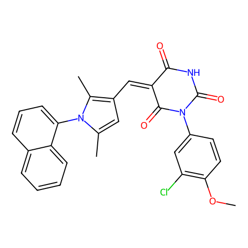 (5Z)-1-(3-chloro-4-methoxyphenyl)-5-[(2,5-dimethyl-1-naphthalen-1-ylpyrrol-3-yl)methylidene]-1,3-diazinane-2,4,6-trione structure