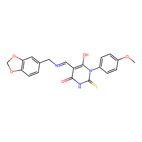 (5E)-5-[(1,3-benzodioxol-5-ylmethylamino)methylidene]-1-(4-methoxyphenyl)-2-sulfanylidene-1,3-diazinane-4,6-dione structure
