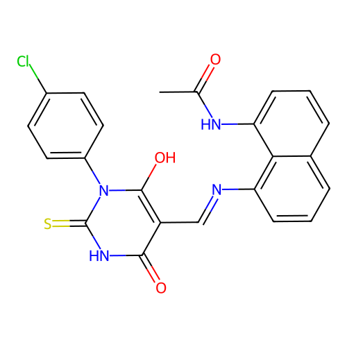 (E)-N-(8-(((1-(4-chlorophenyl)-4,6-dioxo-2-thioxotetrahydropyrimidin-5(2H)-ylidene)methyl)amino)naphthalen-1-yl)acetamide structure
