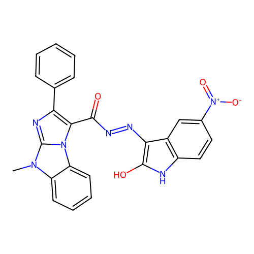 4-methyl-N'-(5-nitro-2-oxoindol-3-yl)-2-phenylimidazo[1,2-a]benzimidazole-1-carbohydrazide structure