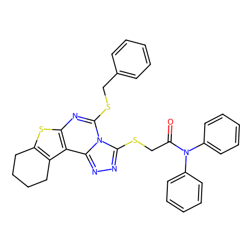 2-((5-(benzylthio)-8,9,10,11-tetrahydrobenzo[4,5]thieno[3,2-e][1,2,4]triazolo[4,3-c]pyrimidin-3-yl)thio)-N,N-diphenylacetamide structure