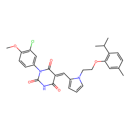 (E)-1-(3-chloro-4-methoxyphenyl)-5-((1-(2-(2-isopropyl-5-methylphenoxy)ethyl)-1H-pyrrol-2-yl)methylene)pyrimidine-2,4,6(1H,3H,5H)-trione structure