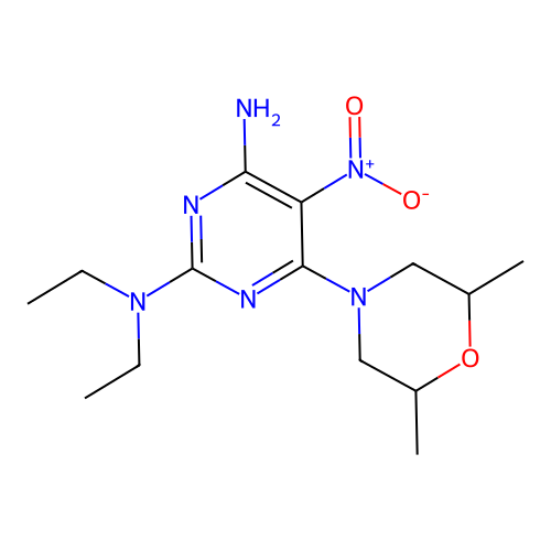 [4-Amino-6-(2,6-dimethylmorpholin-4-yl)-5-nitropyrimidin-2-yl]diethylamine structure