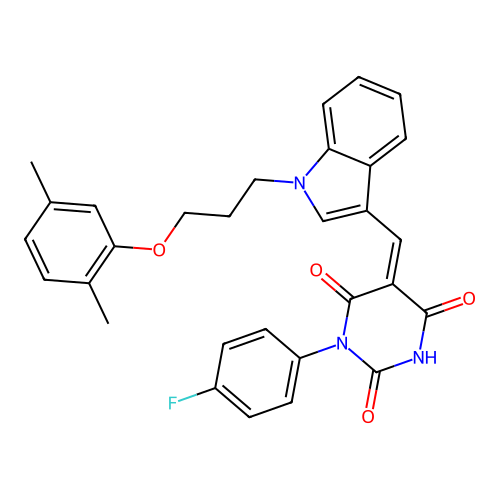 (5Z)-5-({1-[3-(2,5-dimethylphenoxy)propyl]-1H-indol-3-yl}methylidene)-3-(4-fluorophenyl)-6-hydroxypyrimidine-2,4(3H,5H)-dione structure