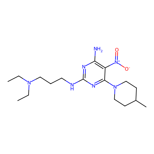 2-N-[3-(diethylamino)propyl]-6-(4-methylpiperidin-1-yl)-5-nitropyrimidine-2,4-diamine structure