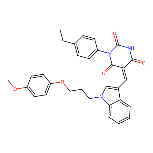 (5Z)-1-(4-ethylphenyl)-5-[[1-[3-(4-methoxyphenoxy)propyl]indol-3-yl]methylidene]-1,3-diazinane-2,4,6-trione structure