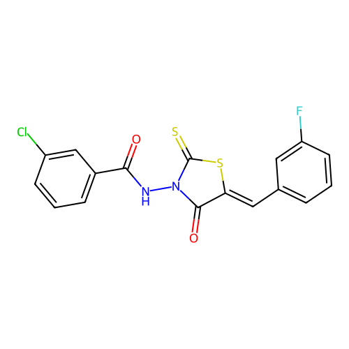(Z)-3-chloro-N-(5-(3-fluorobenzylidene)-4-oxo-2-thioxothiazolidin-3-yl)benzamide structure