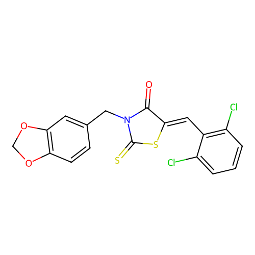(5Z)-3-(1,3-benzodioxol-5-ylmethyl)-5-(2,6-dichlorobenzylidene)-2-thioxo-1,3-thiazolidin-4-one structure