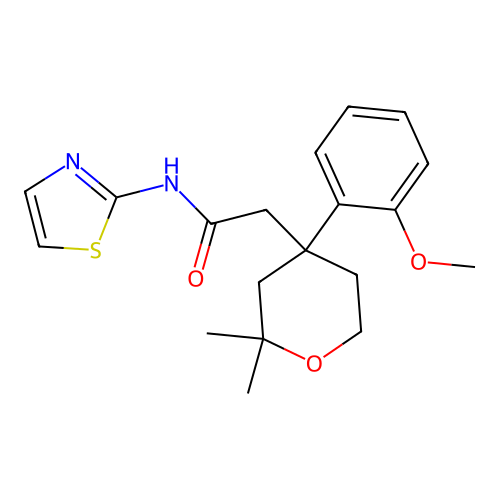 2-(4-(2-methoxyphenyl)-2,2-dimethyltetrahydro-2H-pyran-4-yl)-N-(thiazol-2-yl)acetamide structure