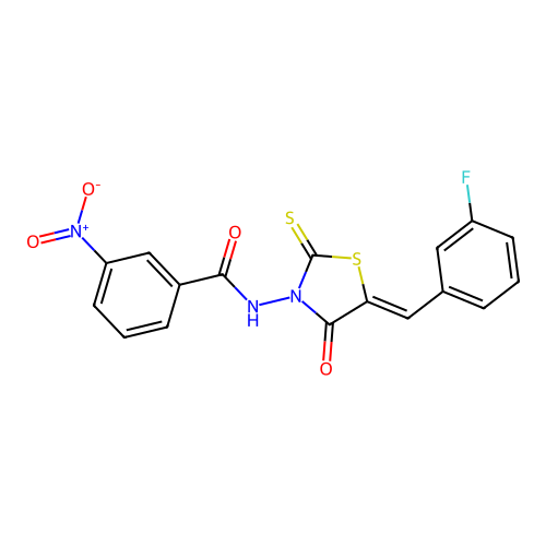 (Z)-N-(5-(3-fluorobenzylidene)-4-oxo-2-thioxothiazolidin-3-yl)-3-nitrobenzamide structure