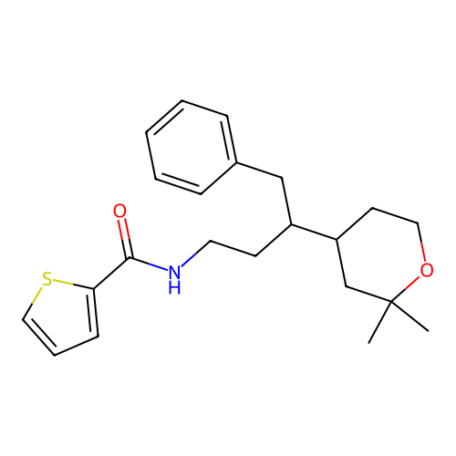 N-[3-(2,2-dimethyloxan-4-yl)-4-phenylbutyl]thiophene-2-carboxamide structure