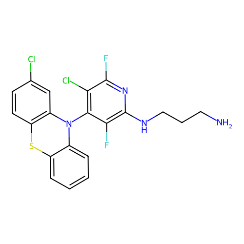N'-[5-chloro-4-(2-chlorophenothiazin-10-yl)-3,6-difluoropyridin-2-yl]propane-1,3-diamine structure