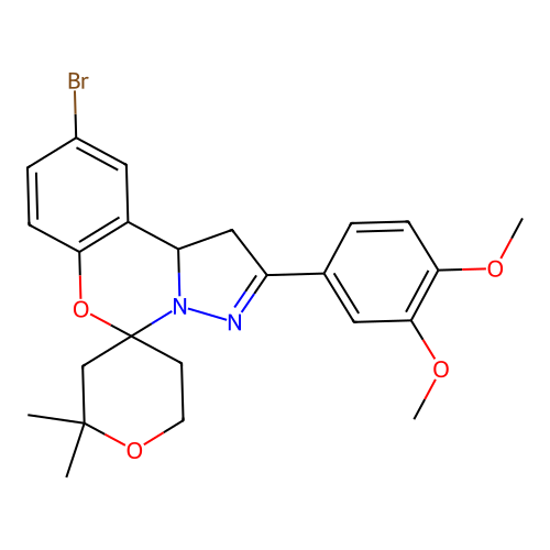 9'-bromo-2'-(3,4-dimethoxyphenyl)-2,2-dimethyl-1',2,3,5,6,10b'-hexahydrospiro[pyran-4,5'-pyrazolo[1,5-c][1,3]benzoxazine] structure