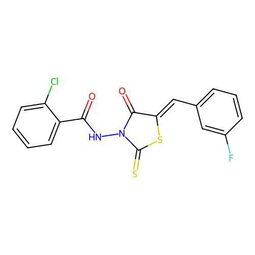 (Z)-2-chloro-N-(5-(3-fluorobenzylidene)-4-oxo-2-thioxothiazolidin-3-yl)benzamide structure