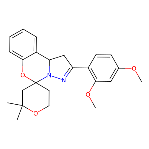 2'-(2,4-dimethoxyphenyl)-2,2-dimethyl-1',2,3,5,6,10b'-hexahydrospiro[pyran-4,5'-pyrazolo[1,5-c][1,3]benzoxazine] structure