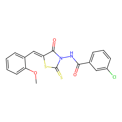 (Z)-3-chloro-N-(5-(2-methoxybenzylidene)-4-oxo-2-thioxothiazolidin-3-yl)benzamide structure