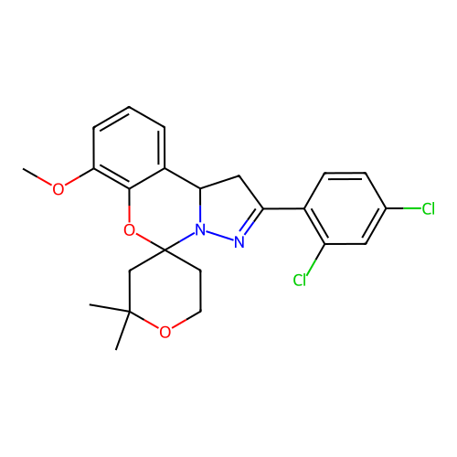 2'-(2,4-dichlorophenyl)-7'-methoxy-2,2-dimethyl-1',2,3,5,6,10b'-hexahydrospiro[pyran-4,5'-pyrazolo[1,5-c][1,3]benzoxazine] structure