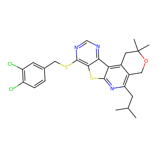 8-((3,4-dichlorobenzyl)thio)-5-isobutyl-2,2-dimethyl-2,4-dihydro-1H-pyrano[4'',3'':4',5']pyrido[3',2':4,5]thieno[3,2-d]pyrimidine structure