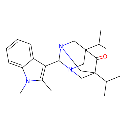 (5s,7s)-2-(1,2-dimethyl-1H-indol-3-yl)-5,7-diisopropyl-1,3-diazaadamantan-6-one structure