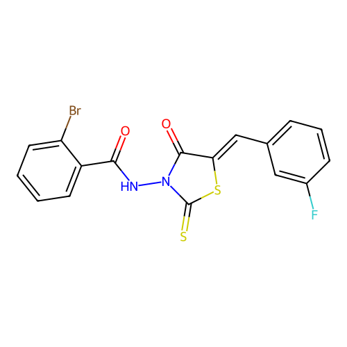 (Z)-2-bromo-N-(5-(3-fluorobenzylidene)-4-oxo-2-thioxothiazolidin-3-yl)benzamide structure