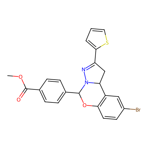 methyl 4-(9-bromo-2-(thiophen-2-yl)-5,10b-dihydro-1H-benzo[e]pyrazolo[1,5-c][1,3]oxazin-5-yl)benzoate structure
