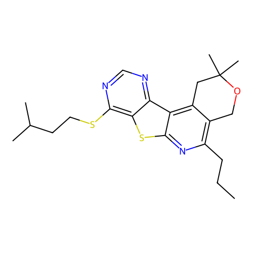 2,2-dimethyl-8-[(3-methylbutyl)sulfanyl]-5-propyl-1,4-dihydro-2H-pyrano[4'',3'':4',5']pyrido[3',2':4,5]thieno[3,2-d]pyrimidine structure