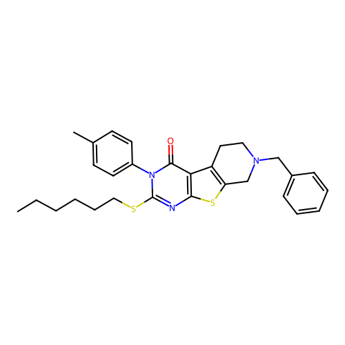 7-benzyl-2-(hexylthio)-3-(p-tolyl)-5,6,7,8-tetrahydropyrido[4',3':4,5]thieno[2,3-d]pyrimidin-4(3H)-one structure