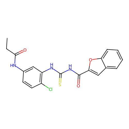 N-((2-chloro-5-propionamidophenyl)carbamothioyl)benzofuran-2-carboxamide structure
