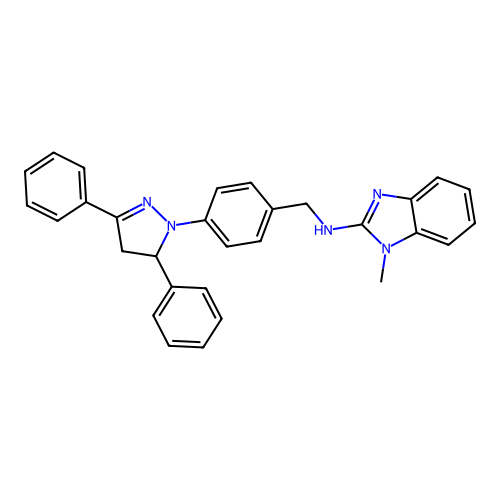 N-[[4-(3,5-diphenyl-3,4-dihydropyrazol-2-yl)phenyl]methyl]-1-methylbenzimidazol-2-amine structure