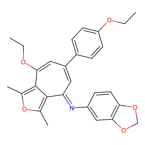 (E)-N-(8-ethoxy-6-(4-ethoxyphenyl)-1,3-dimethyl-4H-cyclohepta[c]furan-4-ylidene)benzo[d][1,3]dioxol-5-amine structure