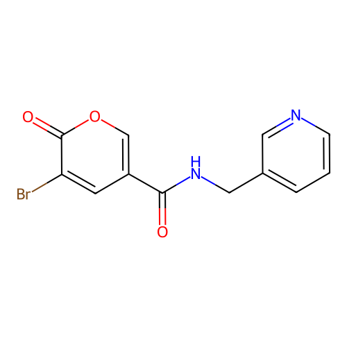 3-bromo-2-oxo-N-(pyridin-3-ylmethyl)-2H-pyran-5-carboxamide structure