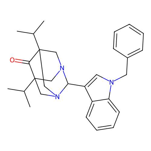 (5s,7s)-2-(1-benzyl-1H-indol-3-yl)-5,7-diisopropyl-1,3-diazaadamantan-6-one structure