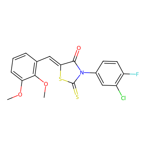(Z)-3-(3-chloro-4-fluorophenyl)-5-(2,3-dimethoxybenzylidene)-2-thioxothiazolidin-4-one structure