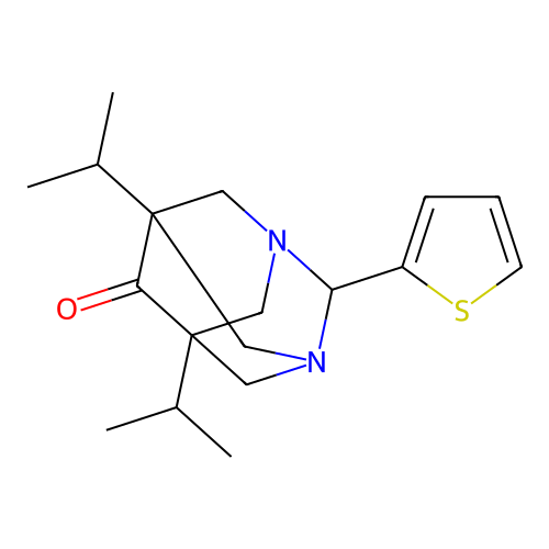(1R,5R)-5,7-diisopropyl-2-(thiophen-2-yl)-1,3-diazaadamantan-6-one structure